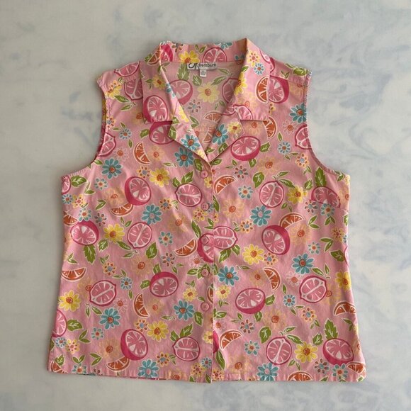 Dress Barn Tops - Dress Barn Pink Fruit & Floral Print Retro Preppy Sleeveless Blouse